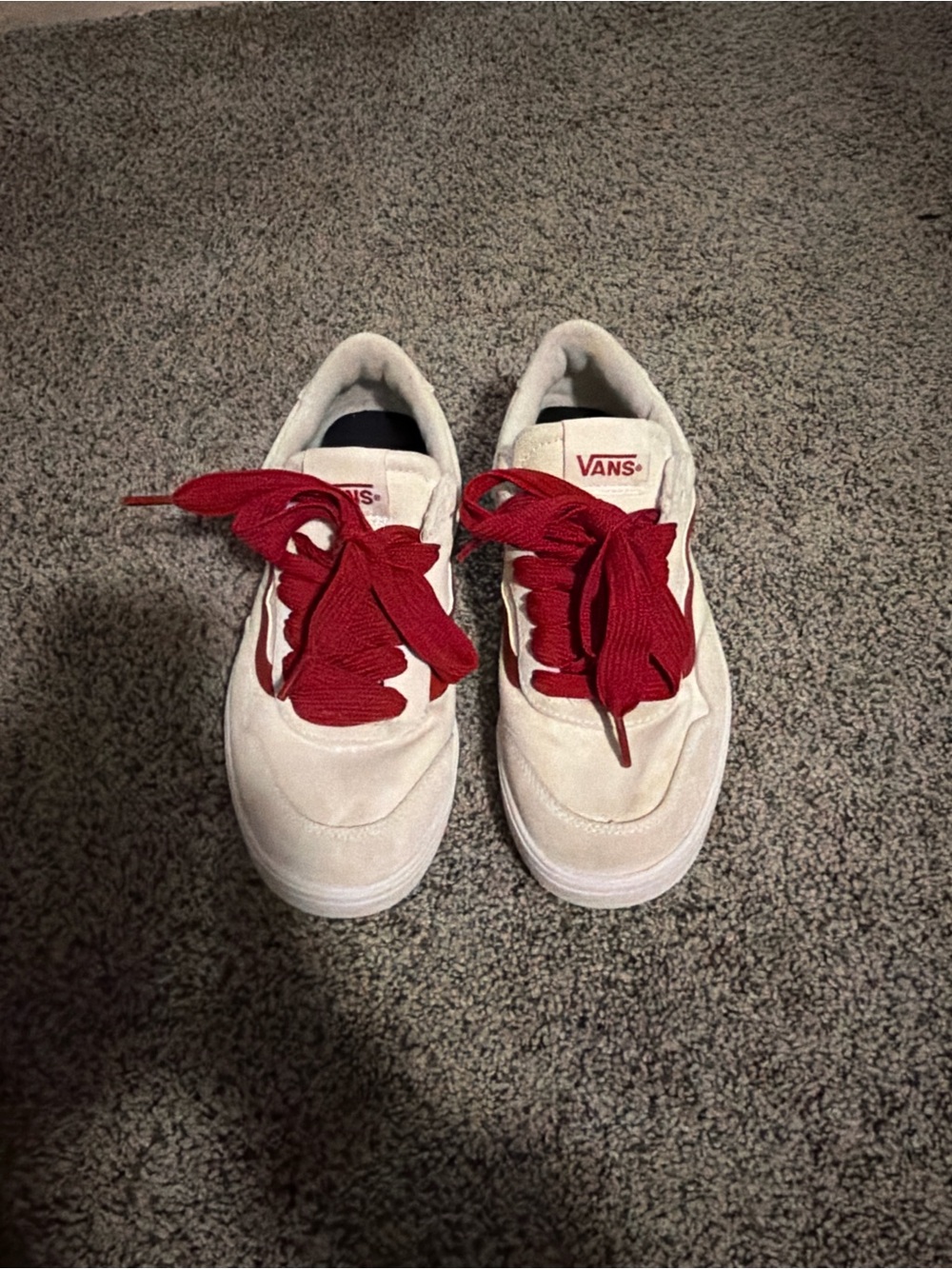 Vans Kids White Sneakers with Red Laces and Side Stripe